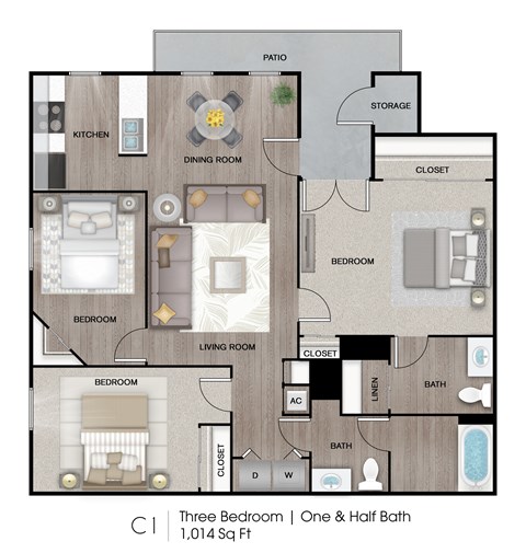 A floor plan of a three bedroom apartment with one and a half baths.